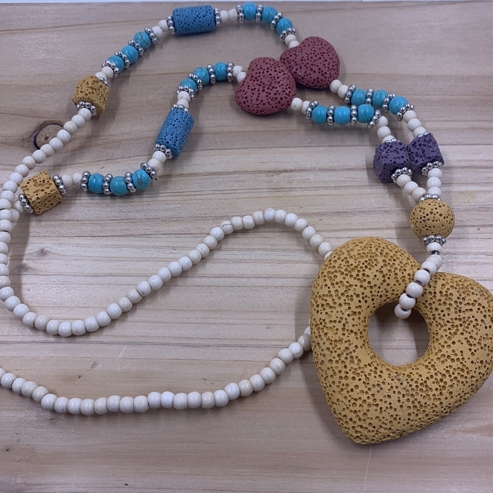 Multi Color Lava & White Blue Howlite Beaded Necklace Heart Charm 28” Silvertone - Picture 6 of 7